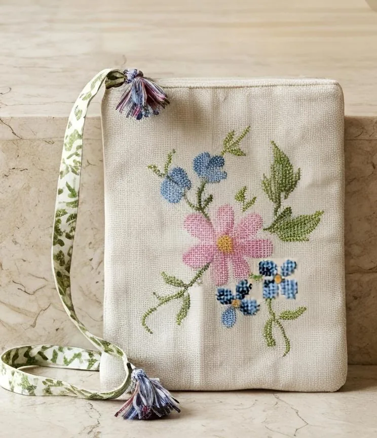 Cream sling bag with cross-stitch flowers and a printed strap