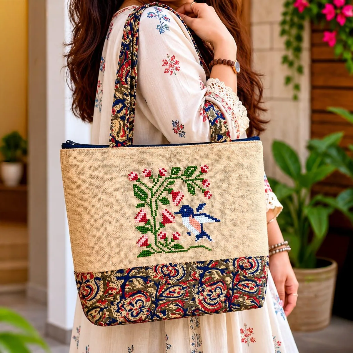 Jute tote bag with a cross-stitch bird and a printed cotton base