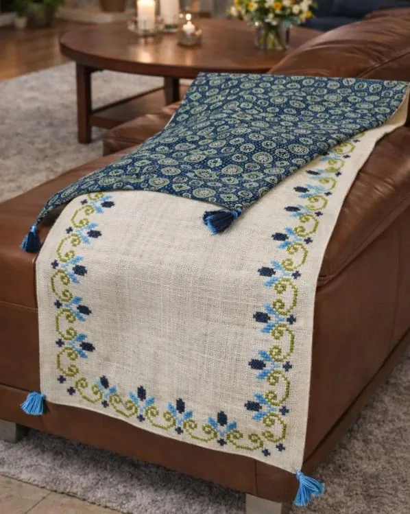 Table runner with a blue cross-stitch vine border