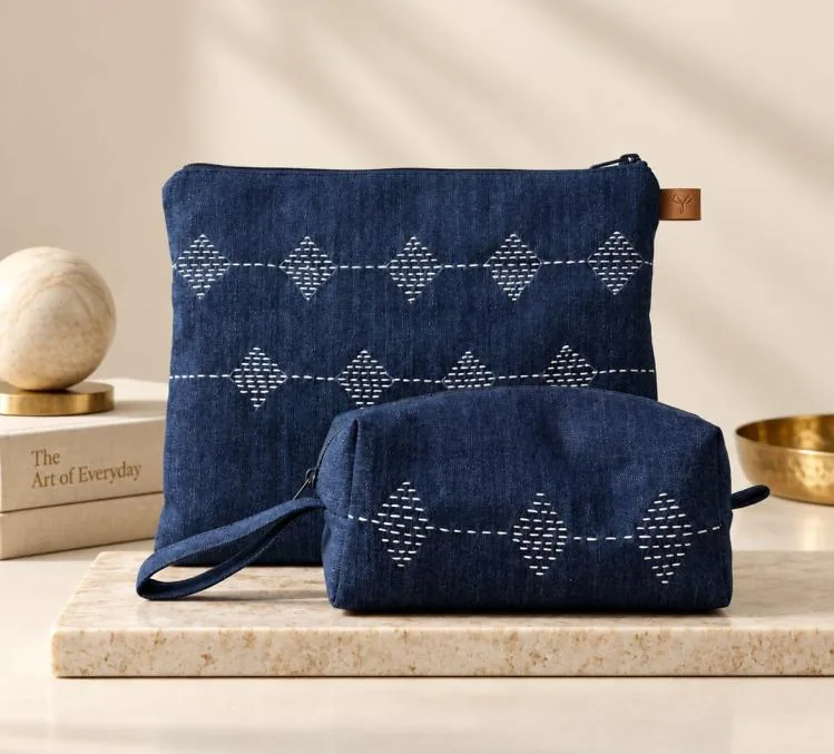 Denim pouches with a hand-stitched diamond pattern