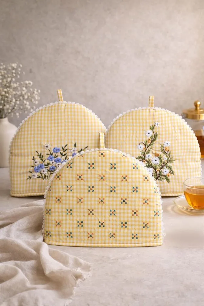 Yellow gingham tea cosies with hand embroidery
