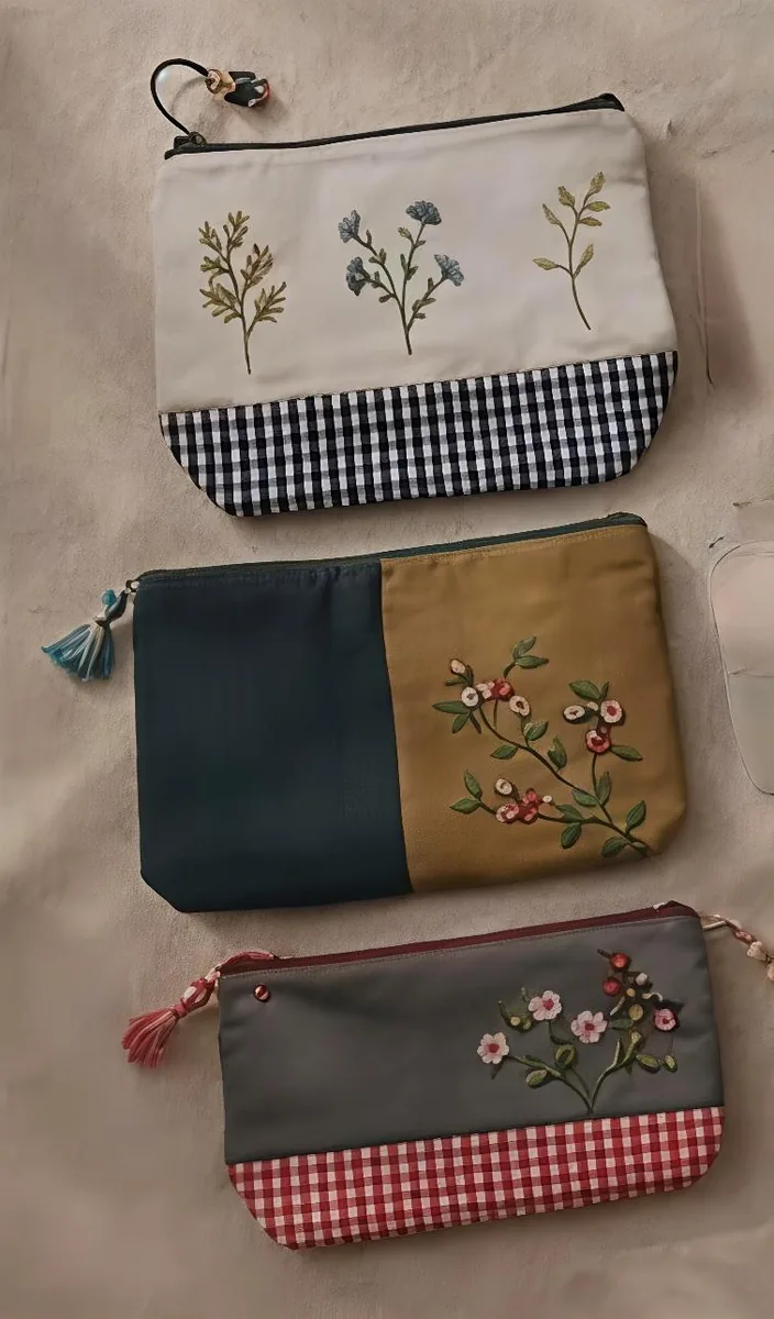 Embroidered pouches with gingham panels