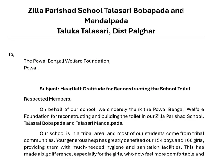 Letter of gratitude from ZP School Talasari Bobapada and Mandalpada